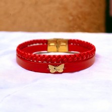 Archin Ayşe Ismine Özel Kelebek Motifli 14 Ayar Altın Plakalı Doğal Kırmızı Derili Hediye BILEKLIK-565ISIM