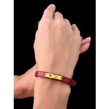 14 Ayar Plakalı Altın Ş Harfine Özel Hakiki Bordo Derili Kalp Motifli Hediye BILEKLIK-566HARF