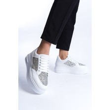 Mıpa Bağcıklı Ortopedik Taban Simli Kadın Sneaker Spor Ayakkabı  Cbt - Beyaz