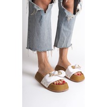 Dıla Kalın ve Ortopedik Taban Ayıcıklı Saten Kadın Terlik  Skt - Beyaz