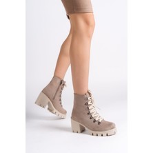 Emma Bağcıklı Fermuarlı Ortopedik Taban Topuklu Süet Kadın Bot  Stt - Ten