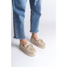 Lıly Bağcıksız Ortopedik Rahat Taban Çiçek Desenli Kadın Babet Ayakkabı Ckt - Krem