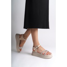 Zlohe Kalın Tokalı Taşlı Şeritli Ortopedik Taban Kadın Sandalet  Ckt - Krem
