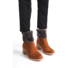 Katya Fermuarlı Ortopedik Taban Topuklu Kürk Detaylı Süet Kadın Bot  Stt - Taba