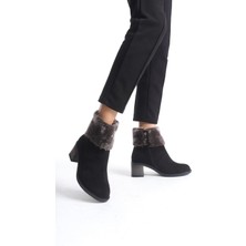 Katya Fermuarlı Ortopedik Taban Topuklu Kürk Detaylı Süet Kadın Bot  Sst - Siyah