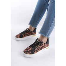 Mına Bağcıklı Ortopedik Taban Leopar Desenli Kadın Sneaker Spor Ayakkabı  Tbt - Kahverengi