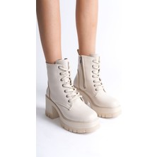 Lauren Bağcıklı Fermuarlı Ortopedik Taban Topuklukadın Bot  Ckt - Krem