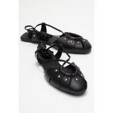 Darıa Siyah Hakiki Deri Troklu Bilekten Bağcıklı Kadın Sandalet