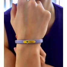 Altın Plakalı 14 Ayar Defne Ismine Özel Kalp Motifli Doğal Mor Derili Hediye BILEKLIK-570ISIM