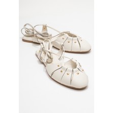 Darıa Ekru Hakiki Deri Troklu Bilekten Bağcıklı Kadın Sandalet