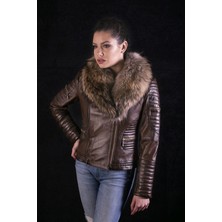 Hakiki Deri Kahverengi Yaka Kürklü Kadın Deri Ceket