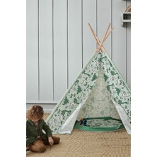 Yeşil Katlanabilir Ahşap Oyun Çadırı, Kızılderili Desenli Çocuk ve Bebek Evi