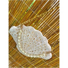 Inci Detaylı Beyaz Midye ve Hasır Şık El Çantası