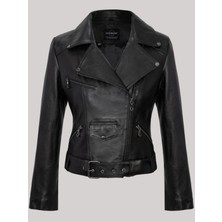 Hakiki Deri Siyah Bel Kemerli Yandan Fermuarlı Kadın Deri Ceket