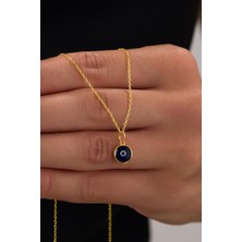 8 mm Gümüş Altın Gold Kaplama Koyu Mavi Lacivert Nazar Boncuğu Cam Göz Kolye