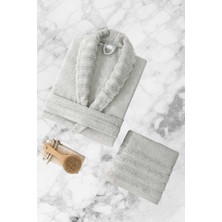 Aqualoom Lüx Bornoz ve Havlu Seti %100 Pamuklu Açık Gri - L-Xl