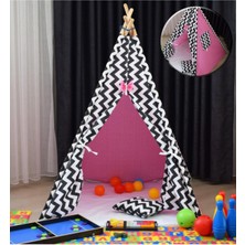 Pembe Pamuklu Ahşap Çocuk Oyun Evi ve Kızılderili Çadırı Seti