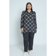 Intensive Collection Desenli Uzun Kollu Polo Yaka Likralı Örme Kadın Büyük Beden Alt Üst Takım