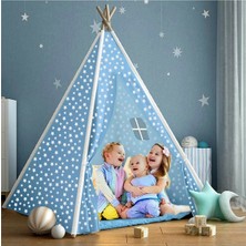 Mavi Pamuklu Ahşap Çocuk Oyun Evi ve Kızılderili Çadırı