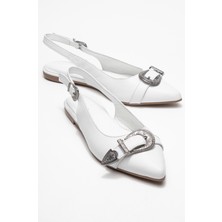 Dorothy Beyaz Hakiki Deri Tokalı Sivri Burunlu Kadın Sandalet