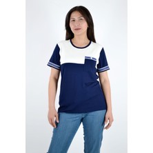 Sıfır Yaka Kısa Kollu Cebi Taş Detaylı Bluz - Lacivert