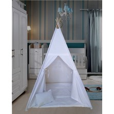 Beyaz Pamuk Ahşap Çocuk Oyun Çadırı ve Yastık Seti, Kızılderili Temalı, Eğlenceli ve Güvenli