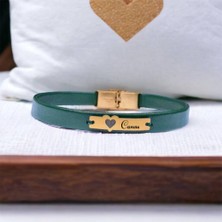 Altın Plakalı 14 Ayar Cansu Ismine Özel Kalp Figürlü Hakiki Yeşil Derili Hediye BILEKLIK-573ISIM