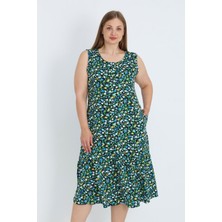 Intensive Collection Kadın Büyük Beden Çiçek Desenli Pamuklu Düğmeli Cepli Askılı Elbise