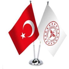 Asilmeydan T.C. Sağlık Bakanlığı ve Türkiye İkili Paslanmaz Metal Krom Direkli Saten Masa Bayrağı