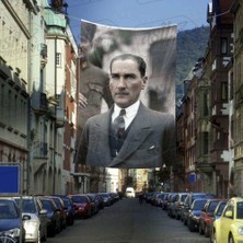 Asilmeydan Gazi Mustafa Kemal Atatürk - Şık Takım Elbiseli - Modern Atatürk Cephe Poster Bayrak -4x6 Metre