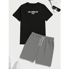 Erkek Siyah-Gri Alt-Üst Baskılı Şort Takım