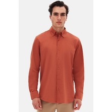 D'S Damat Ds Damat Comfort Kiremit Düğmeli Yaka Rahat Kesim Keten Görünümlü %100 Pamuk Gömlek 2HC02ORT64265