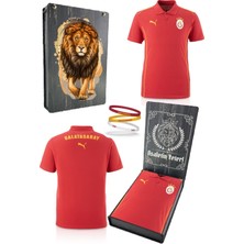 Galatasaray Orijinal Lisanslı Polo Yaka Kırmızı Antrenman T-Shirt + Bileklik Set Hediyelik Ahşap Kutulu
