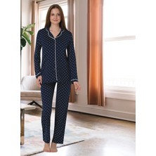 Dvina Effortt Lohusa Beyaz Puantiyeli Pijama Takımı Lacivert - 6018