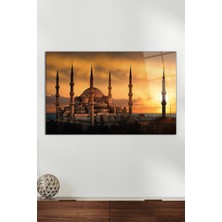 Gün Batımında Sultanahmet Camii Yatay Cam Tablo, Modern Ev Ofis Dekoru, Hediyelik Duvar Dekorasyonu