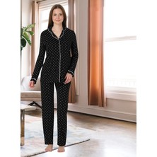Dvina Effortt Lohusa Beyaz Puantiyeli Pijama Takımı Siyah - 6018