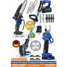 Böhrer 21V 5AH +4 Akülü BA01114M Uzayan Teleskopik Kol Çim Biçme - Akülü Zincirli Budama Testeresi ve 30MM Budama Makası - Pratik Süper 3'lü Set