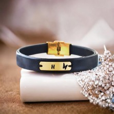 14 Ayar Altın Plakalı H Harfine Özel Kelebek Motifli Siyah Derili Hediye BILEKLIK-578HARF