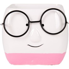Herdekora Seramik Saksı Gözlüklü Beyaz-Pembe 7x7 Cm.
