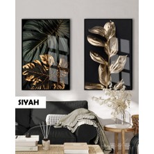 Harikabirev|( Leaf ) Siyah&gold Set Yaprak Kombini |çerçeveli Cam Tablo 2li Dikey