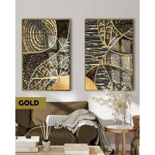 Harikabirev|etnik Desen Siyah&gold Set Modern Kombin |çerçeveli Cam Tablo 2li Dikey