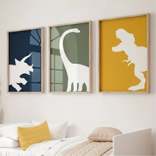 Mc Home Art Doğal Ahşap Çerçeveli Uv Baskı 3'lü Dinazor Desenli Tablo Seti Modern & Şık Çocuk Odası Duvar Dekoru