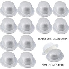 Çocuk Gümüş Renk Simli Melon Yuvarlak Parti Şapkası 12 Adet