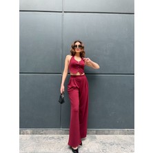Kadın Bordo Halter Yaka Düğmeli Crop ve Palazzo Pantolon Yazlık Ikili Takım