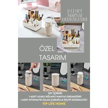 2'li Set- Ayaklı Bölmeli Makyaj Organizeri ve Otomatik Kulak Çubuğu & Diş Ipi Düzenleyici
