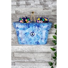 Ebruli Desenli Yarım Saksı Duvar Dekorasyon Süsü, Mavi, Polyester