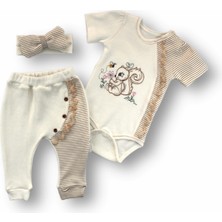 3-6 6-9 9-12 Ay Minik Sincap Nakışlı Şapkalı Uzun Kollu Zıbınlı 3lü Kız Bebek Takımı Kahverengi