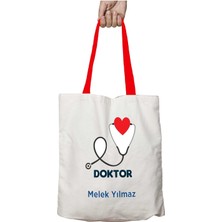Kırmızı Kulplu Kişiye Özel Doktor Kalp Yıkanabilir Omuz Çanta