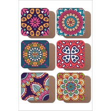 Renkli Mandala Desenli 6'lı Ahşap Bardak Altlığı Seti