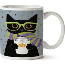 Hipster Kedi Atkı Gözlük Yaprak Iki Tarafı Baskılı Kupa Bardak